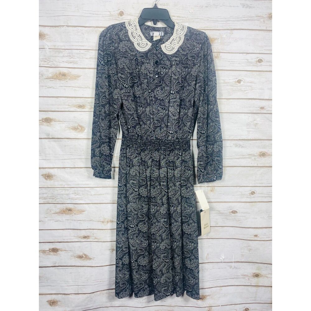 Taurus II‎ Women Vintage Paisley Lace Collar Smocked Waist Dress Black White 10